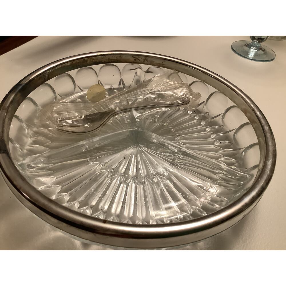 LEONARD Of ITALY Lead Crystal 3 Section Candy Dish Silver Plate Rim 9" 3 Spoons